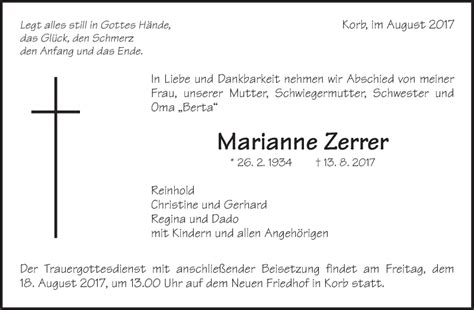 Traueranzeigen Von Marianne Zerrer ZVW Trauer