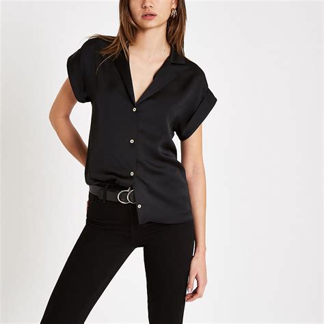 Black Button Front Short Sleeve Shirt Button Front Shorts Top Shirt Women Black Button