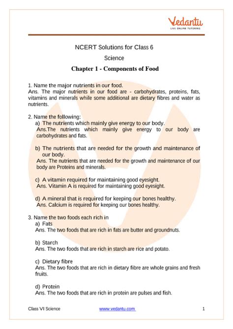 NCERT Solutions For Class 6 Science Chapter 2 Components Of Food