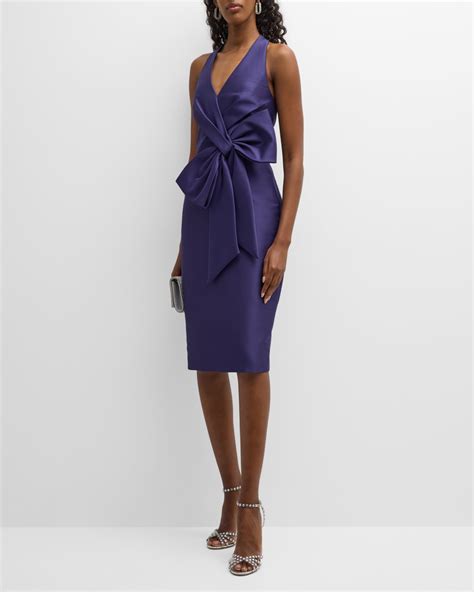 Badgley Mischka Collection Pleated Bow Front Bodycon Midi Dress Neiman Marcus