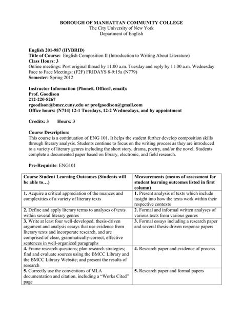 Sample Syllabus Borough Of Manhattan Community College