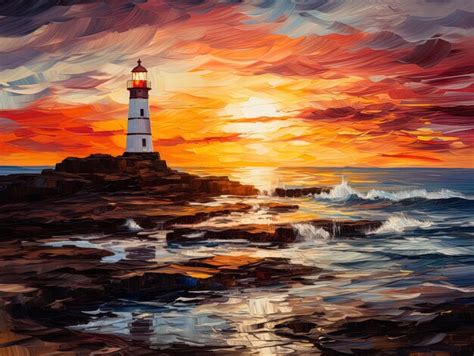 Premium Photo A Painting Of A Lighthouse With The Sun Setting Behind It