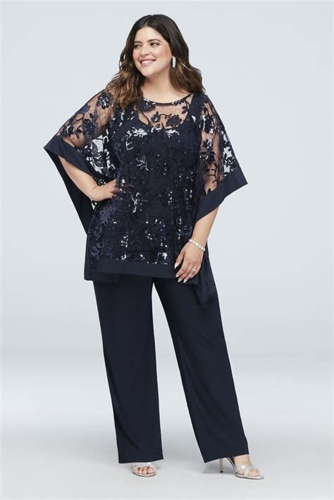 Mock Two Piece Lace And Jersey Pant Suit Davids Bridal Plus Size Formal Dresses Plus Size