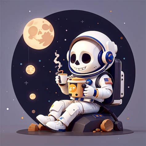 Astronauta Lindo Bebiendo Caf En El Cr Neo Luna Dibujos Animados Icono