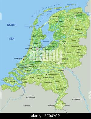 Mapa físico de Bélgica con alto detalle y etiquetado Imagen Vector de