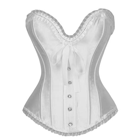 Sexy White Satin Strapless Retro Lace Trim Lace Up Overbust Corset N17985