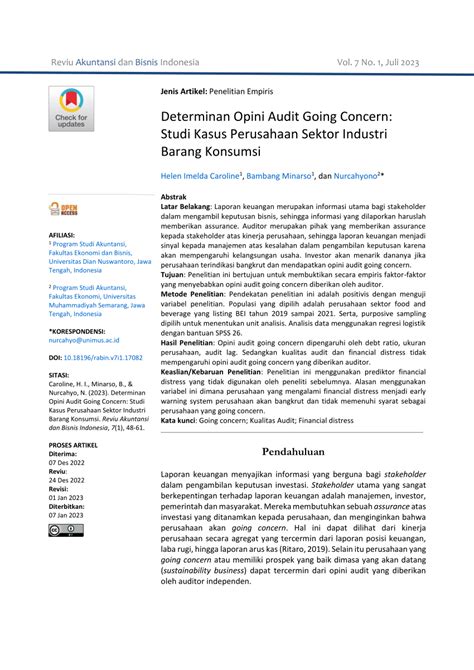 Pdf Determinan Opini Audit Going Concern Studi Kasus Perusahaan