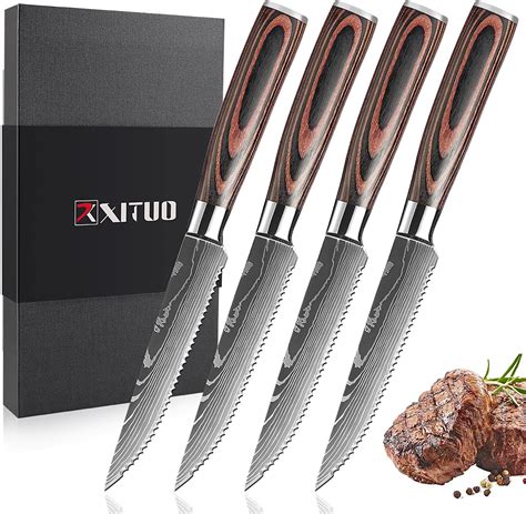 XT XITUO Steak Knives Set Of 4 Piece Damascus Patterned Stainless Steel