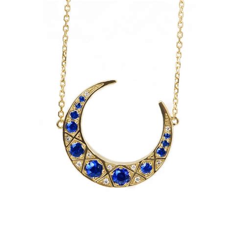 Diamond Sapphire Crescent Moon Pendant Necklace In Solid 18k Etsy