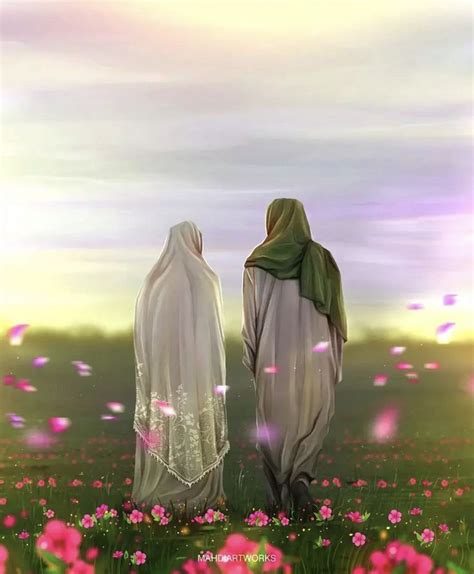 Two Women Standing In A Field With Pink Flowers On The Ground And One