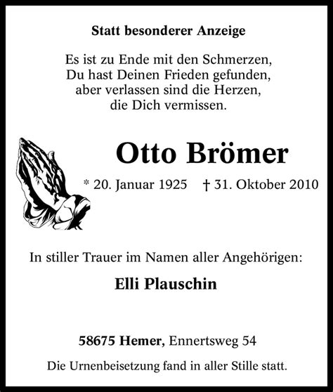 Trauer und Todesanzeigen von Otto Brömer Trauer de