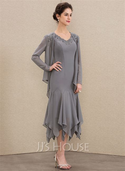 V Neck Tea Length Chiffon Mother Of The Bride Dress With Lace Cascading