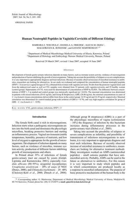 Pdf Human Neutrophil Peptides In Vaginitis Cervicitis Of Different