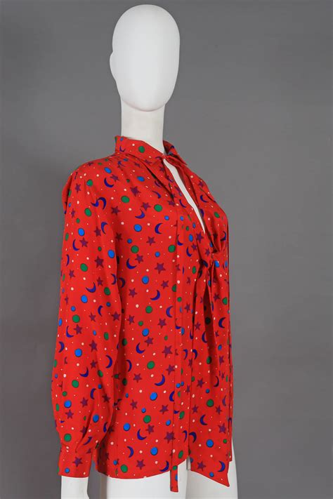Yves Saint Laurent Silk Star And Moon Print Pussy Bow Blouse Circa At StDibs