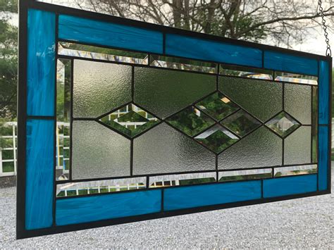 Honeydewglass Dark Turquoise Diamond Stained Glass Panel 115 X 235 Bevels Turquoise Blue