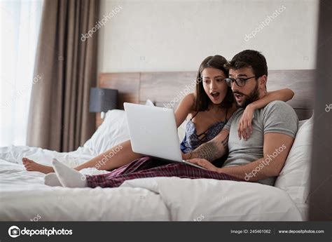 Happy Couple Watching Sex Video Laptop Laughing Together People Sexual