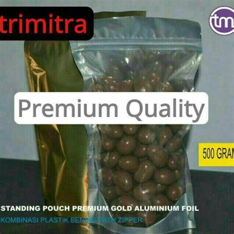 Jual Standing Pouch Aluminium Foil Gold Kombinasi Bening Zipper Klip