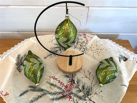 Vintage Green Glass Teardrop Ornaments With Sparkle Leaf Embellishment Set Of 3 Etsy