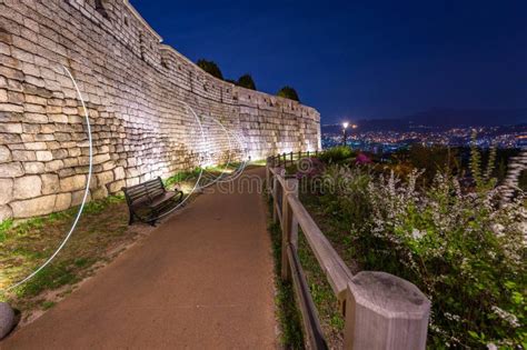 Korean Cityscape at Night at Naksan Park with Ancient Walls in Seoul ...