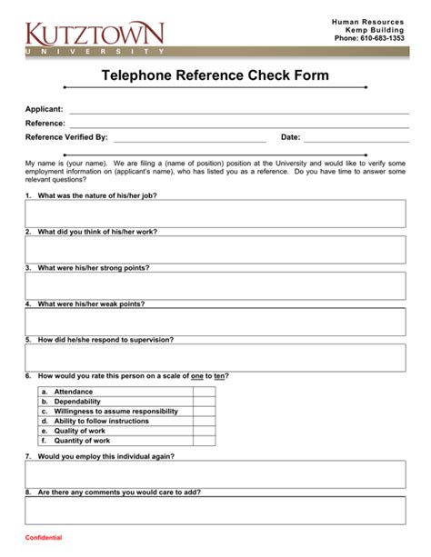 Telephone Reference Check Form Applicant Reference