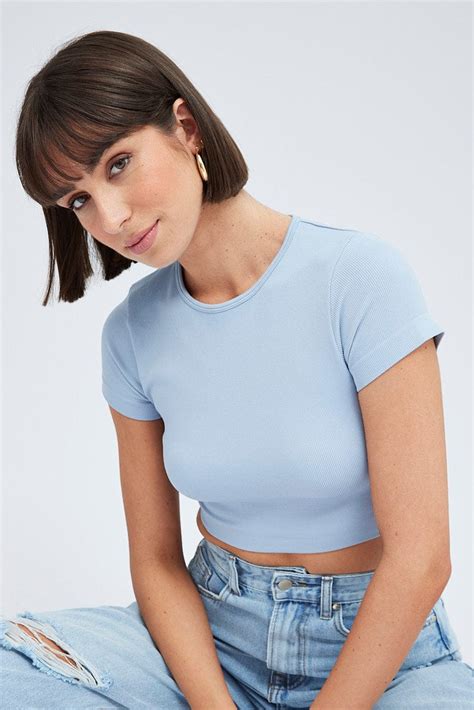 Blue T Shirt Short Sleeve Crew Neck Seamless Ally Fashion