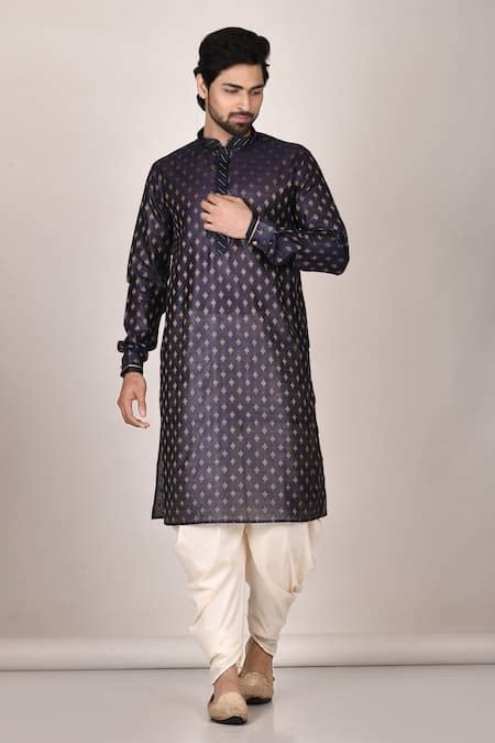 Buy Blue Poly Cotton Embroidered Floral Motif Full Sleeve Kurta Set For