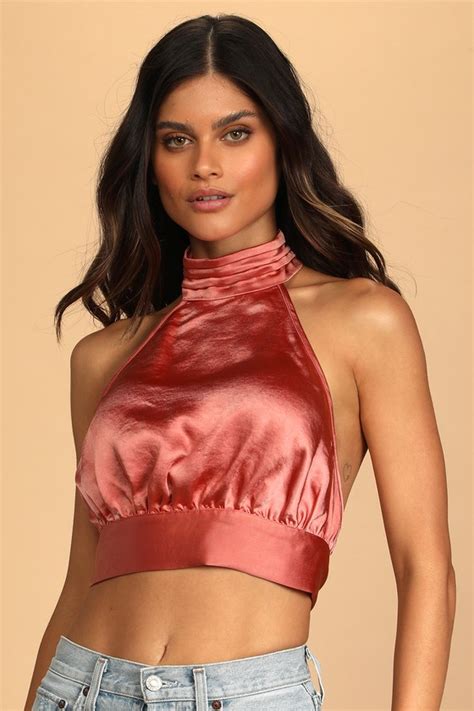 Rusty Rose Crop Top Satin Halter Top Tie Back Top Lulus