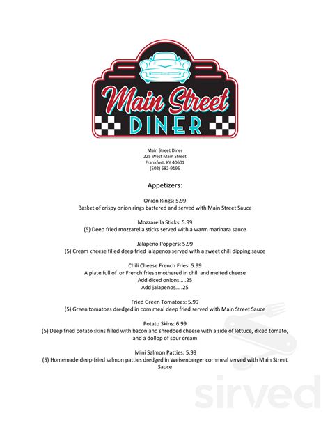 Main Street Diner Menu In Frankfort Kentucky Usa