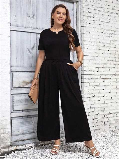 SHEIN LUNE Plus Solid Crop Tee Wide Leg Pants SHEIN USA