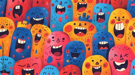 Design an illustration of elated faces. Depict several faces in different sizes and angles, all ...