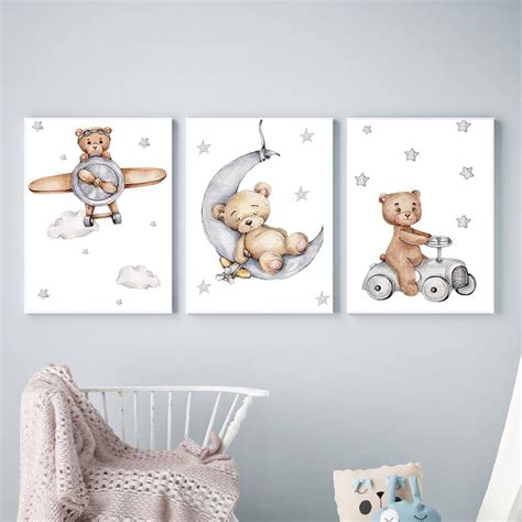 Quadro decorativo 3 peças 20x30 Urso lua avião do carro decoração para