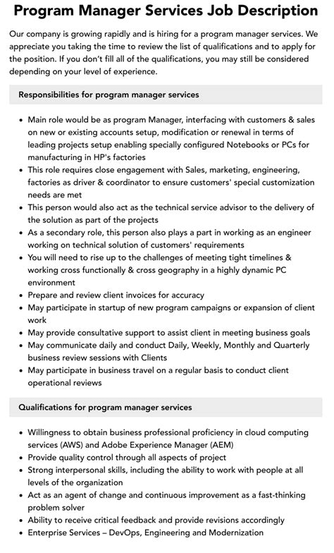 Program Manager Services Job Description Velvet Jobs