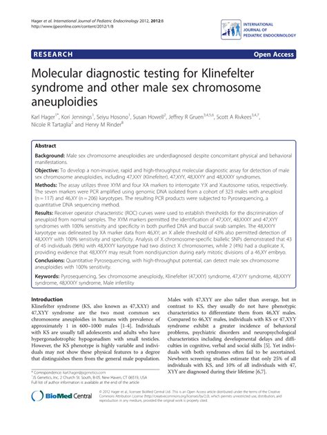 Molecular Diagnostic Testing For Klinefelter Syndrome And Other Male Sex Chromosome Aneuploidies