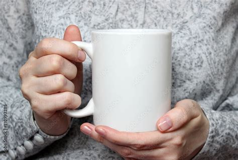 Girl Is Holding White Cup In Hands White Mug In Woman S Hands Stock