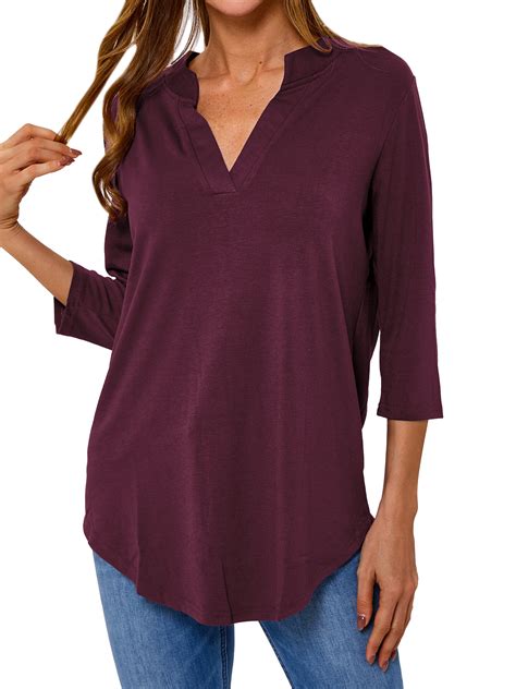 Hubery Womens V Neck 34 Sleeve Top Relaxed Fit Cotton Blend Solid Color Casual Style 1