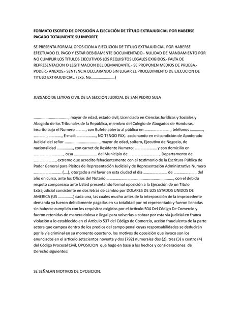 Formato Escrito De Oposicion A Ejecucion De Titulo Extrajudicial Por