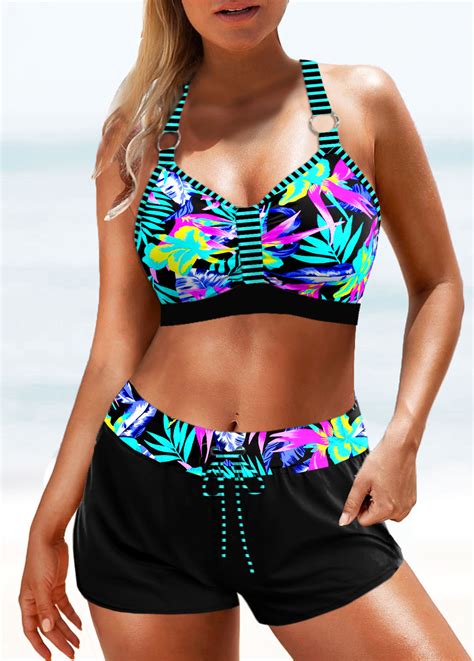 Patchwork Mid Waisted Tropical Plants Print Bikini Set Modlily