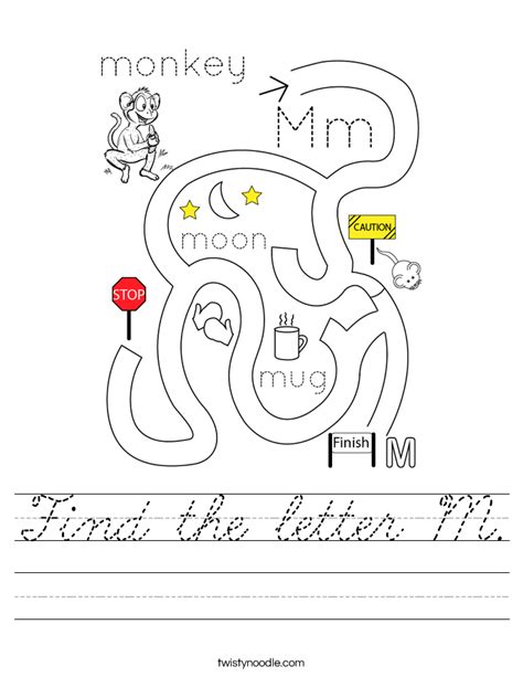 Find the letter M Worksheet - Cursive - Twisty Noodle