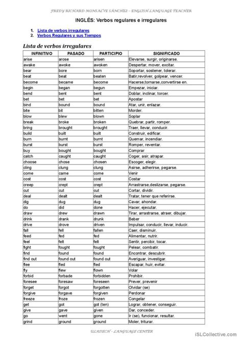 Verbos Regulares E Irregulares Español Ele Hojas De Trabajo Pdf And Doc