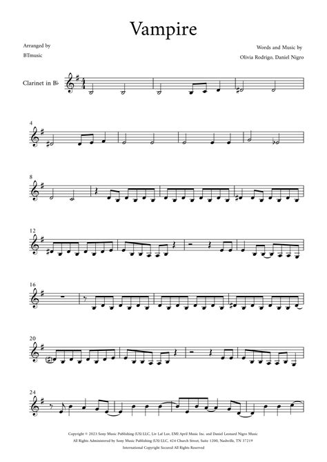 Vampire Arr BTmusic By Olivia Rodrigo Sheet Music For Clarinet Solo