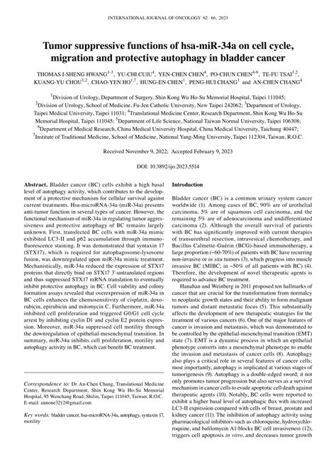 PDF Tumor Suppressive Functions Of HsamiR34a On Cell Cycle