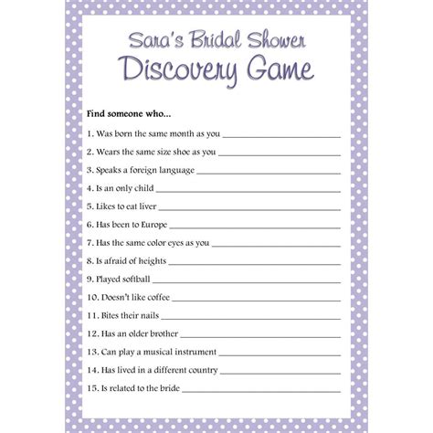 Personalized Printable Bridal Shower Discovery Game Polka Dots