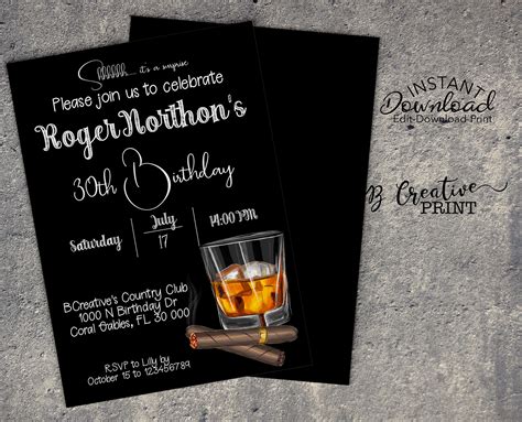 Surprise Party Invitation Digital Download Cigar Bar Whiskey Etsy