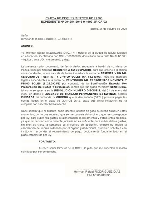 Carta De Requerimiento De Pago Pdf Demanda Judicial Ley Procesal