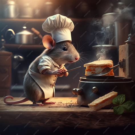 Ilustración De Un Lindo Ratón Vestido Como Chef En Una Mesa En El Fondo