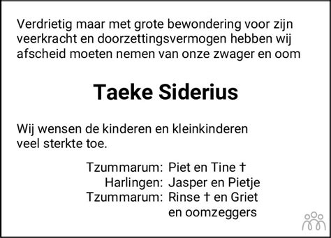 Taeke Siderius Overlijdensbericht En Condoleances