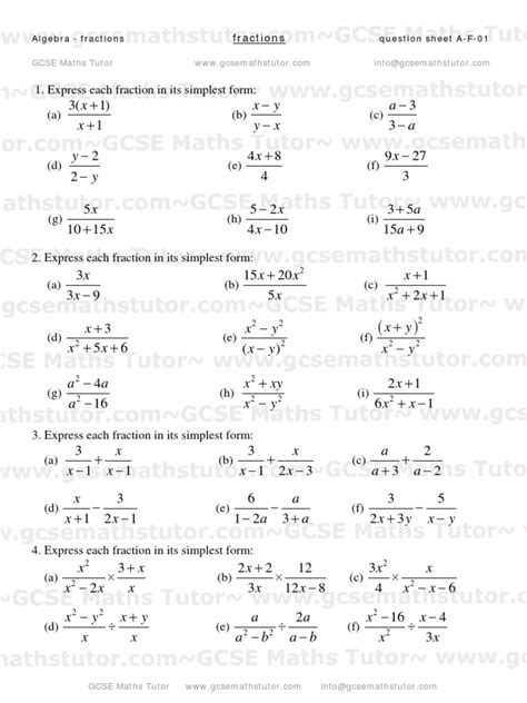 Algebraic Fractions Worksheet 01 Algebra Revision From Gcse Maths