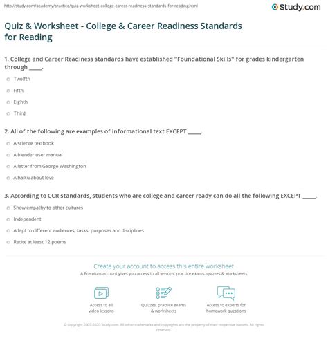 Quiz And Worksheet College And Career Readiness Standards For Reading