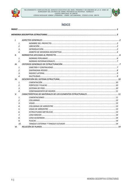 Informe De Memoria Descriptiva De Estructuras De Colegio Apuntes De