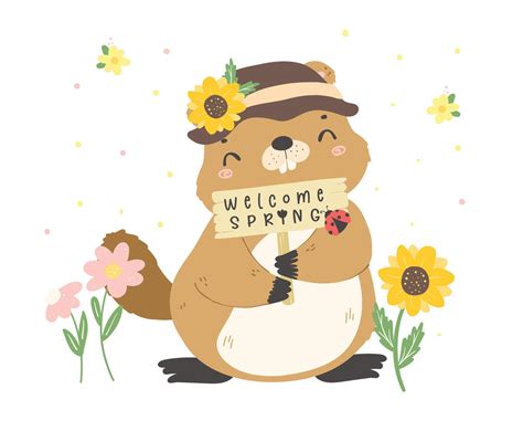 happy groundhog day with cheerful cartoon groundhog holding spring sign. 37761773 Vector Art at ...